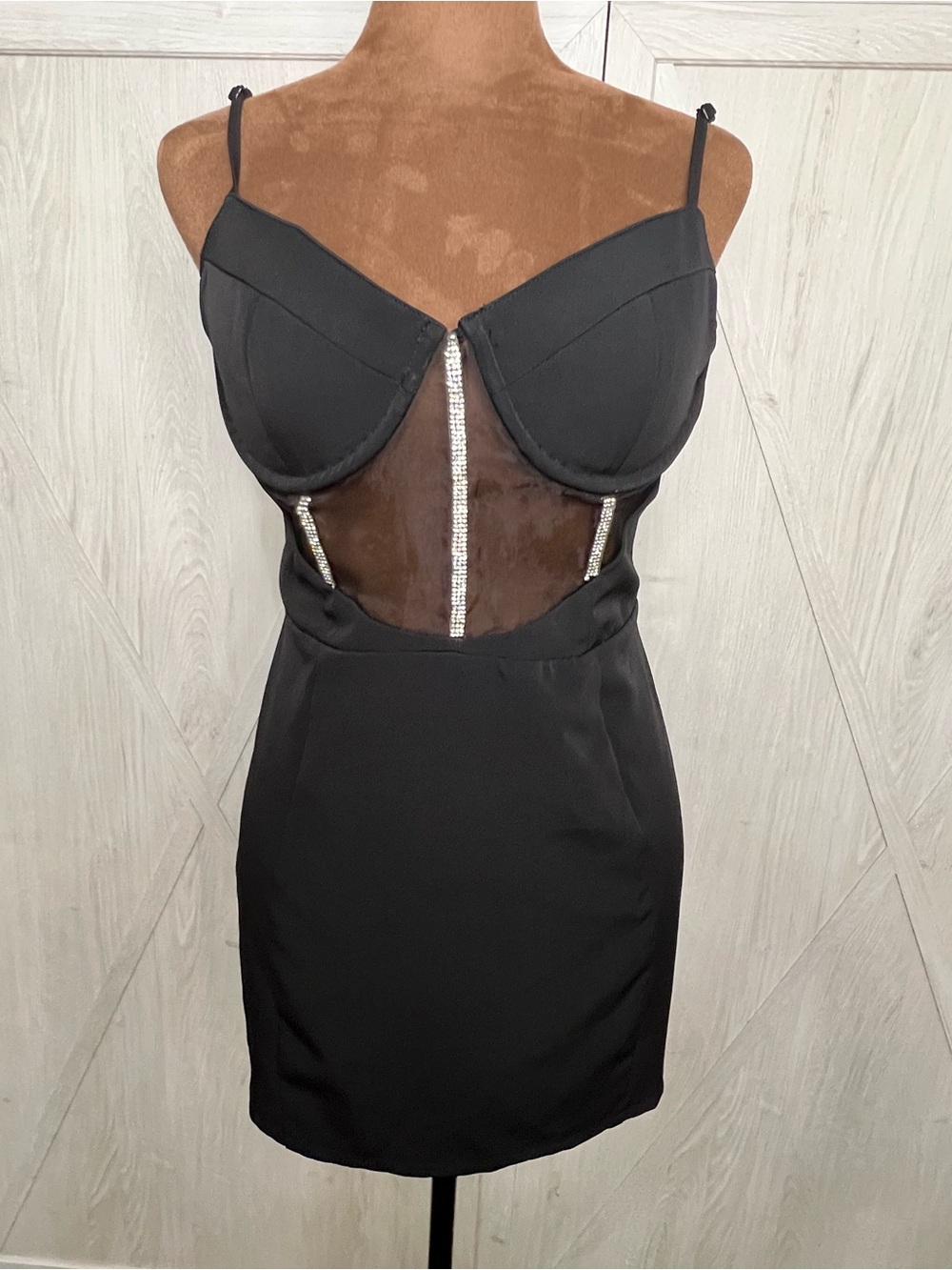 Klesis Black Sheer Mesh Rhinestone Corset Bodycon Mini Dress Small